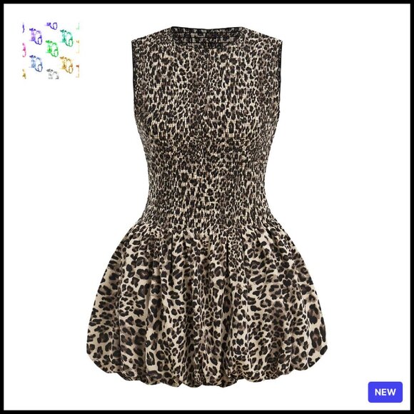 Y2K Leopard Print Bubble Dress Shirred A-Line Mini Sleeveless Summer